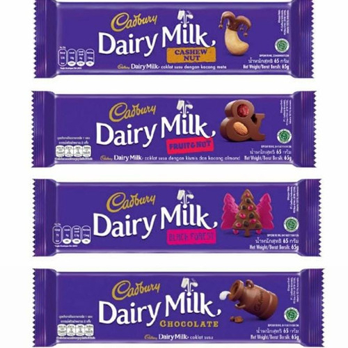 

Cadbury dairy milk 62 gram (hazelnut / chocolate / black forest / cashew nut / fruit & nut)