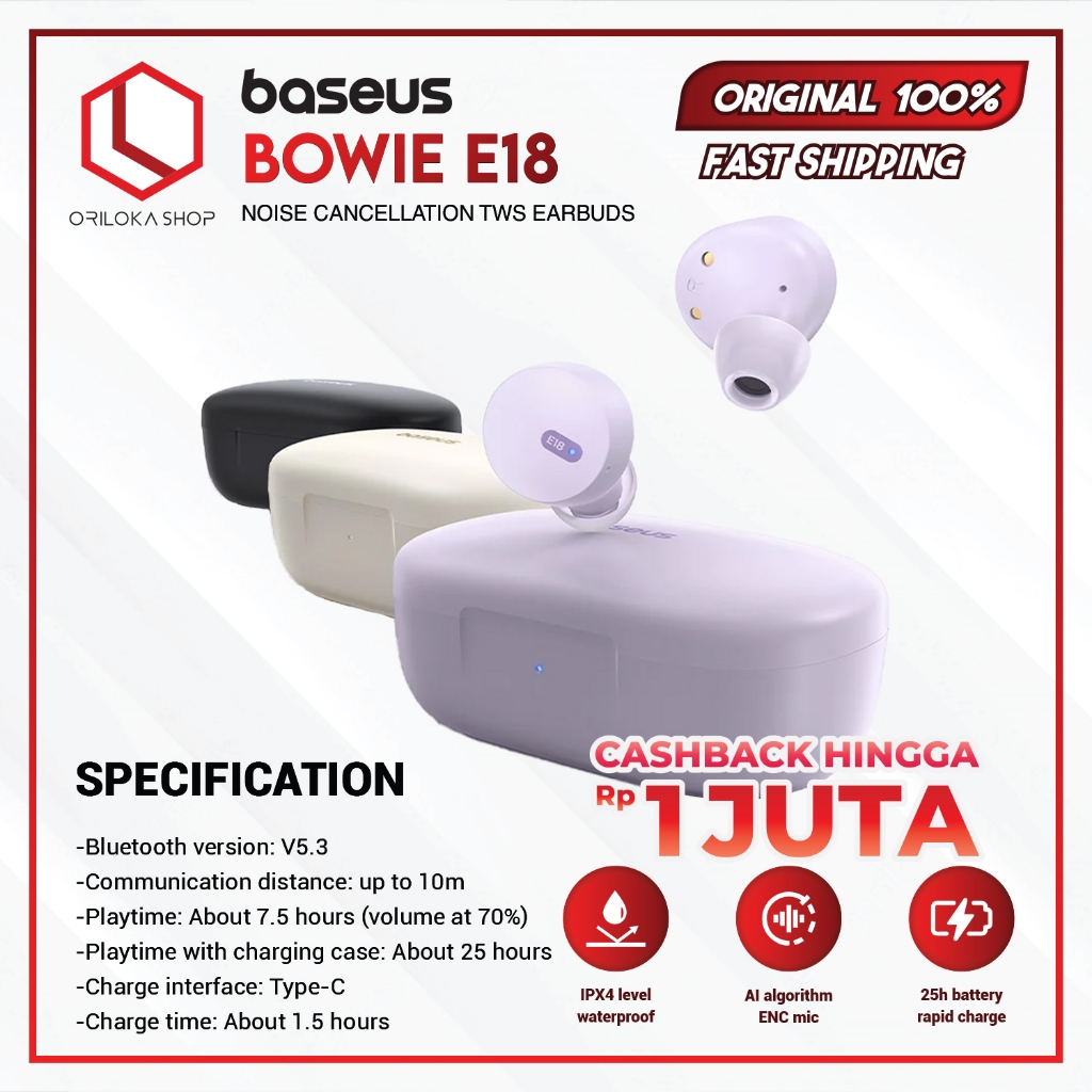 Baseus Bowie E18 TWS Bluetooth Earphone Earbuds Bloetooth Erphone IPX4 - Henset Headset