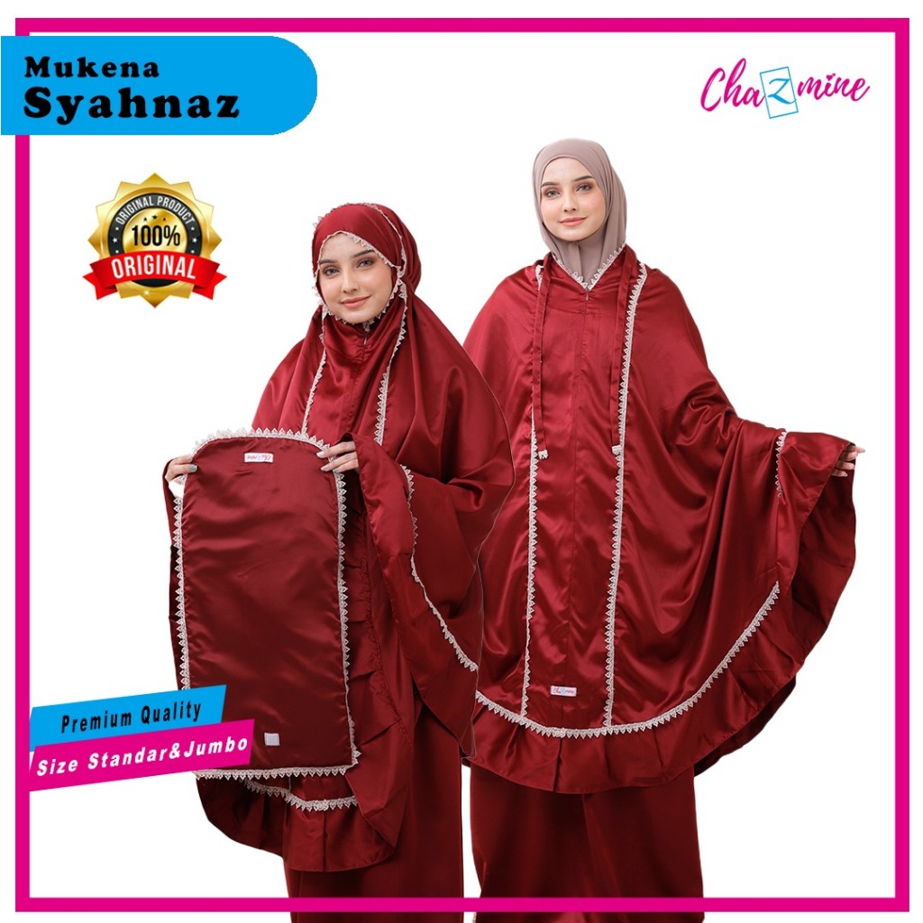 CHAZMINE - Syahnaz Mukena Dewasa Jumbo Standar 2 Fungsi Resleting Dagu Mukenah Ponco Polos Renda