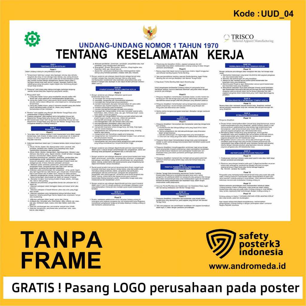 Safety Poster K3 : UU No 1 Tahun Kerja1970 Tentang Keselamatan Kerja _ Biru