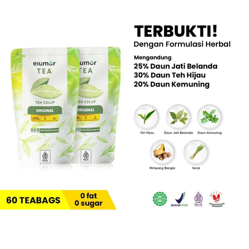 

2 Pcs New Formula Elumor Tea Originial Isi 30 Kantong Teh - Booster Diet/Teh Pelangsing Alami