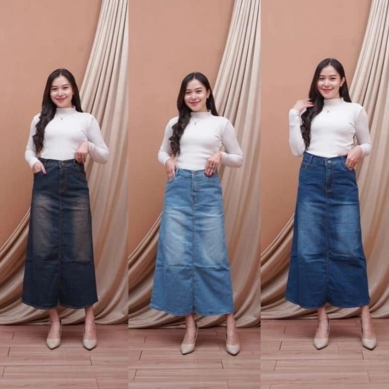Rok Jeans Panjang Wanita Skirt Theana / Rok Highwaist Wanita Jumbo Terbaru / Rok Jeans Wanita Jumbo 