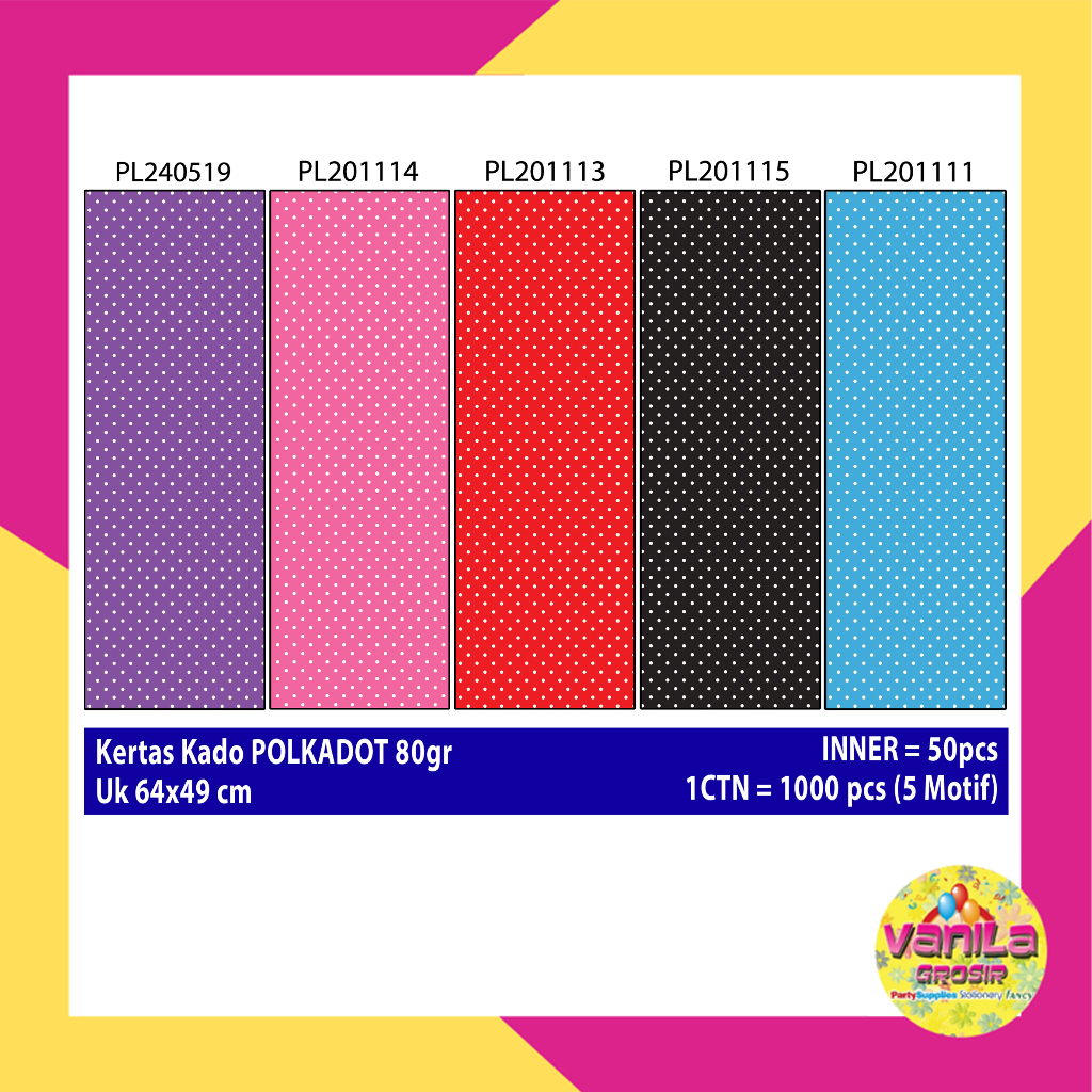 

Kertas Kado POLKADOT, wrapping paper, kertas kado motif polkadot, kertas kado setara sanwa sansan wawa