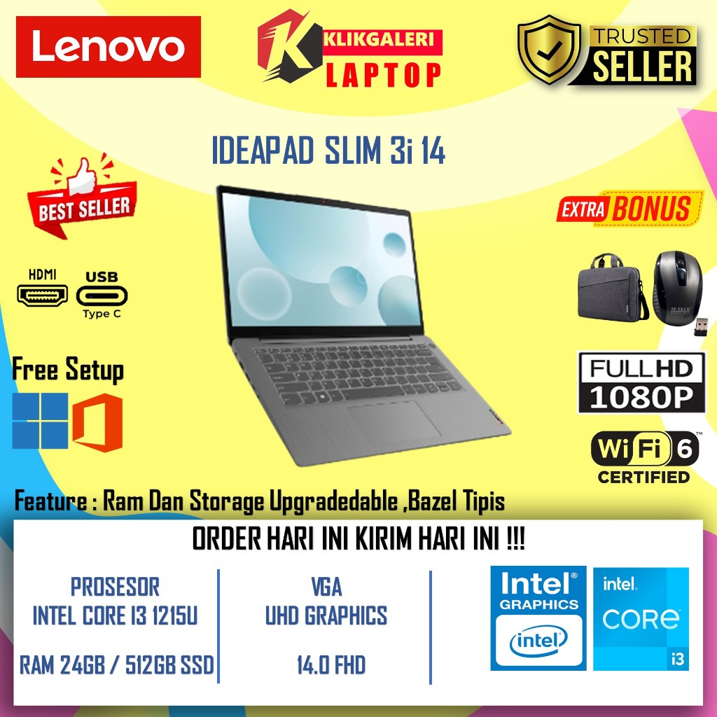 Laptop Terbaru LENOVO Ideapad Slim 3 14 Core i3 1215U Ram 24gb 512SSD UHD Graphic FHD Win11Home