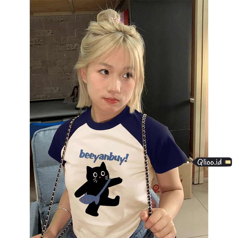 Kaos Crop Wanita Slimfit Raglan Sleeves T-Shirt Cetakan Pola Anak Kucing Yang Lucu | Baju Croptee Cr