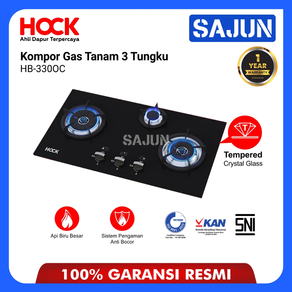Hock Kompor Gas Tanam 3 Tungku Built-in Hob Optima Crystal HB-330OC
