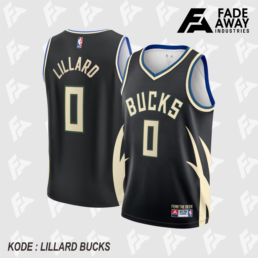 Jersey Basket NBA Milwaukee Bucks Damian Lillard #0 Hitam - Anak & Dewasa