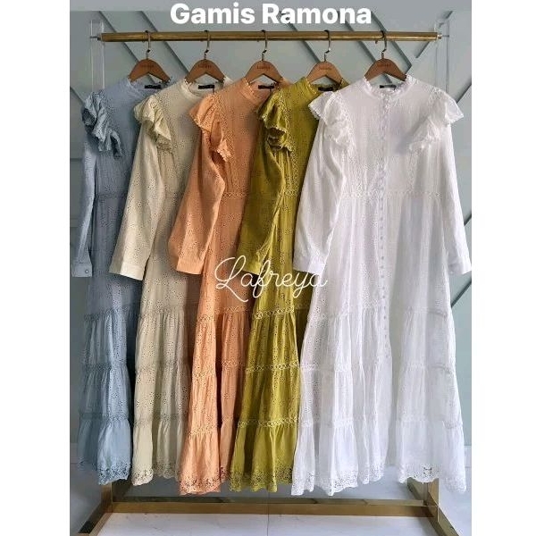 gamis Ramona, dress lfy, gamis lafreya, gamis bangkok, gamis putih, white maxi, dress katun bordir, 