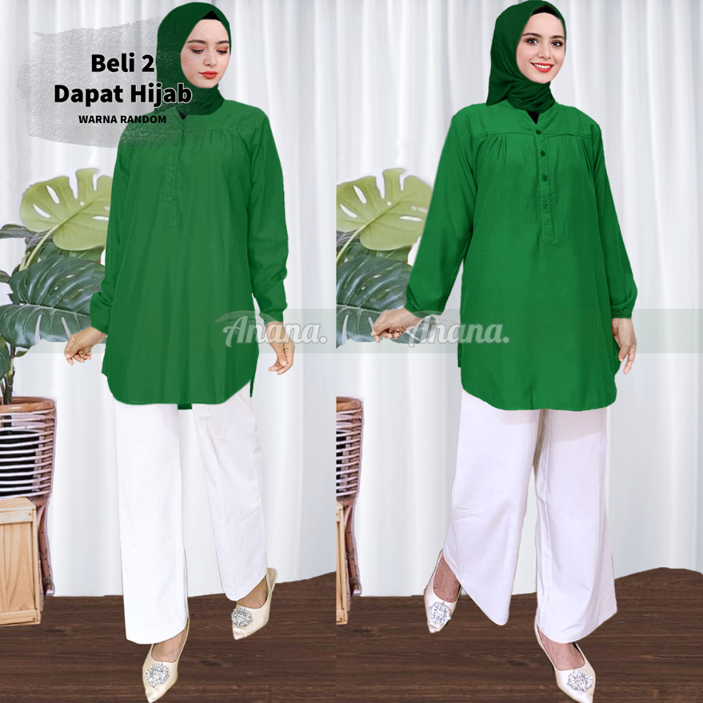 Baju Kemeja Blouse Wanita Dewasa Remaja Busana Muslim Hijau Botol
