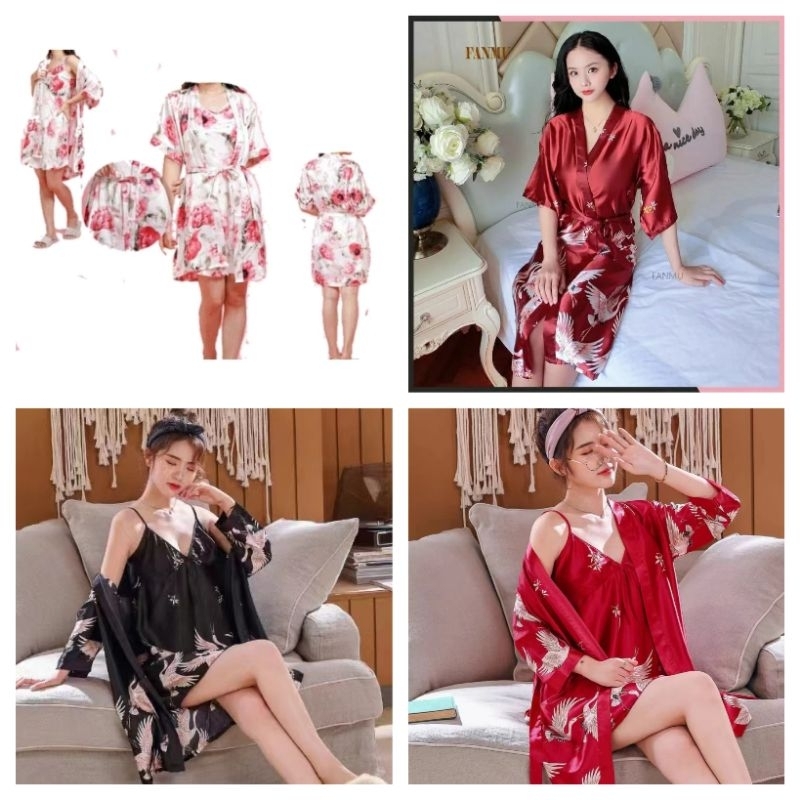Set Daster kimono import/Daster satin kimono wanita premium