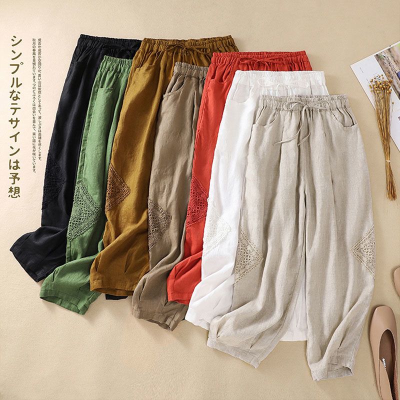 Women Cotton Linen Straight Pants Casual Loose Elastic Waist Pants 9 Colors