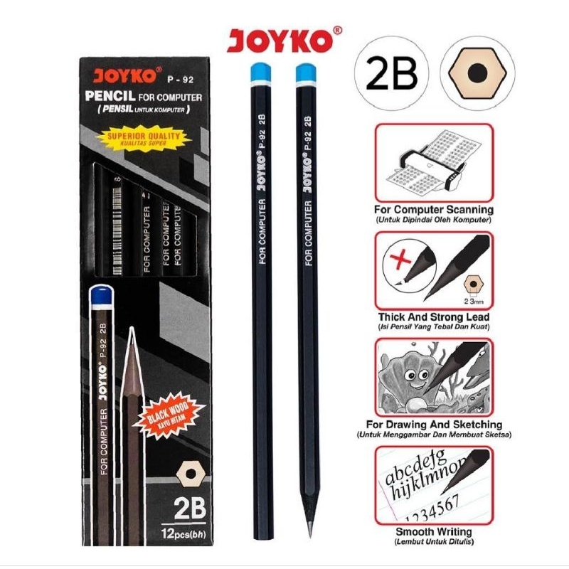 

Pencil 2B Joyko P-92 / Pensil Kayu Hitam Komputer Ujian [1 BOX isi 12 PCS]