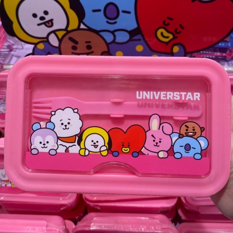 Miniso x BT21 Lunch Box Set Kotak Makan Tempat Makan Anti Tumpah Pink BTS Garpu Gratis Tahan Panas d
