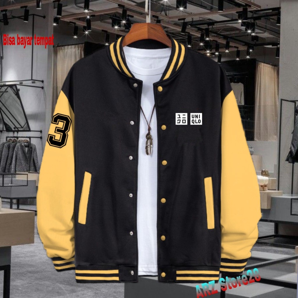 Terlaris Free  Jaket Varsity Kancing  Text Putih Uniqlo 3 Hitam Sweater Distro Termurah Hoodie Terba