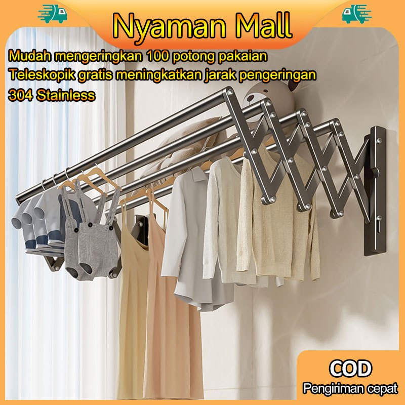 Jemuran Baju Dinding Stainless Steel 100-200cm Pakaian Single Jemuran  Lipat Stainless Steel Rak Jem