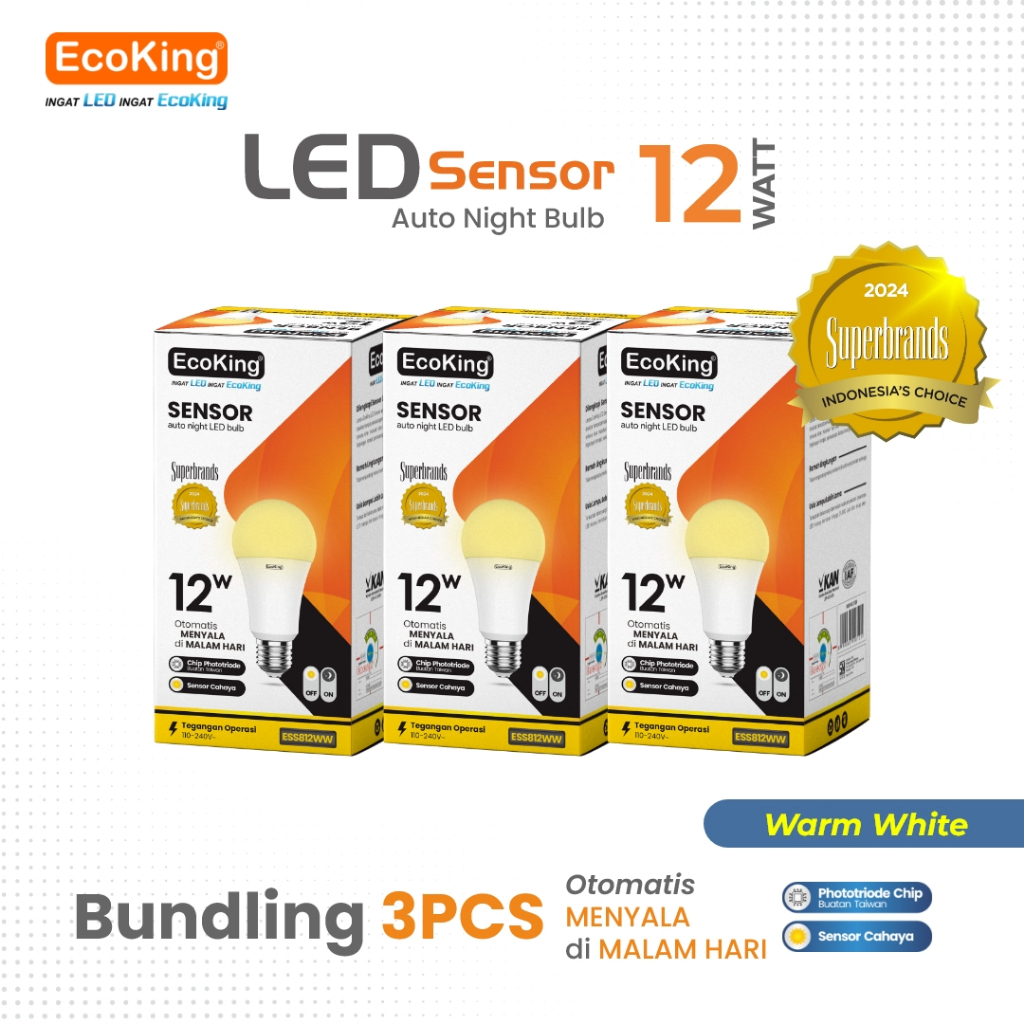 EcoKing Lampu Bohlam Led Rumah Sensor Cahaya Otomatis Light Bulb 12W 3 PCS Cahaya Kuning (ESS812WW)