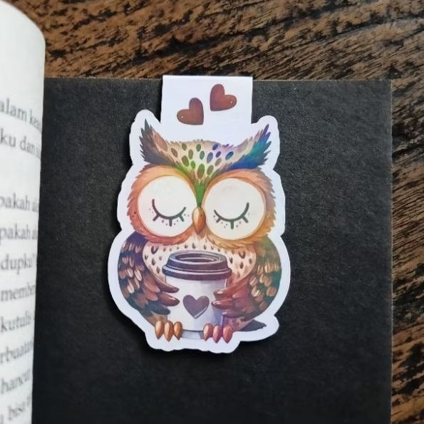 

Pembatas Buku Magnet | Handmade Magnetic Bookmark | Coffee Lover Owl