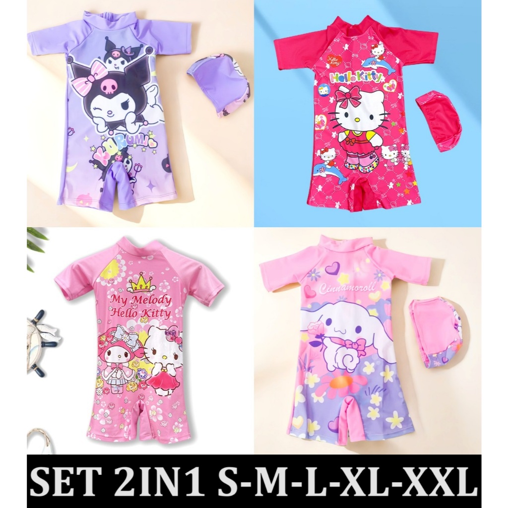 S033 2in1 baju renang celana lengan pendek topi swinsuit anak perempuan motif sanrio kuromi cinnamor