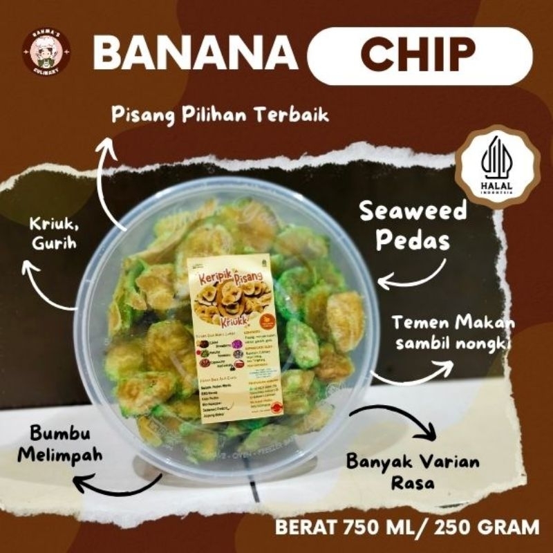 

Keripik Pisang Gurih Rasa Seaweed Pedas/Rumput Laut Pedas/Banana Chips Bulat