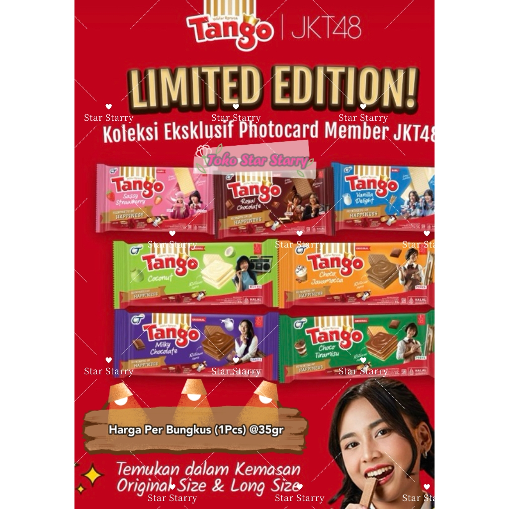 

[Per Pcs] TANGO WAFER 35GR LIMITED EDITION TANGO JKT48 TANGO (ALL VARIAN) VARIAN : TANGO WAFER COKLAT TANGO WAFER VANILA TANGO WAFER STRAWBERRY STROBERRI Snack Viral Halal MUI OT Tango OT Tango Popcorn Tango Kelapa