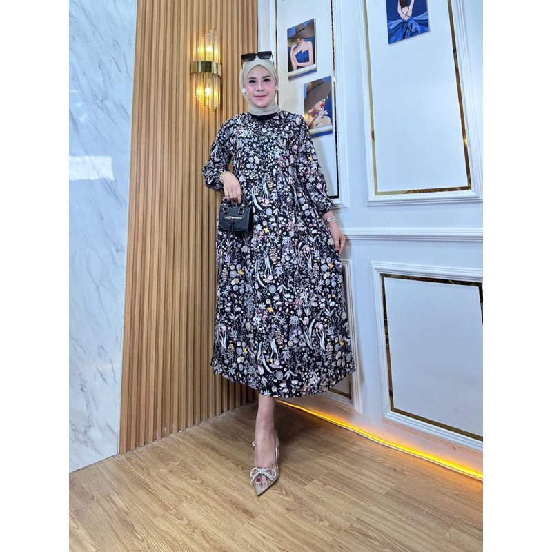 Midi dres kinara lengan balon rayon premium midi panjang wanita super adem tali samping kanan kiri