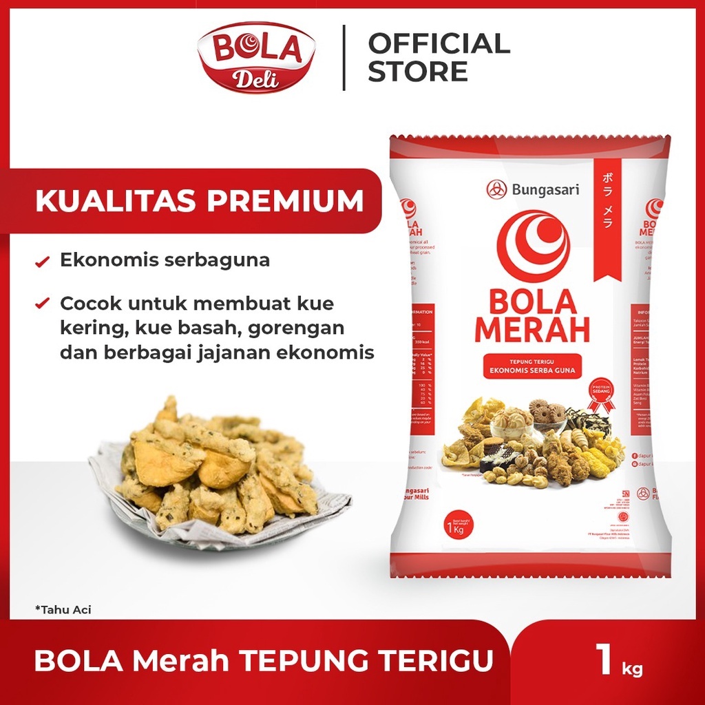 

TEPUNG TERIGU SERBAGUNA MERK BOLA MERAH @1KG PRODUKSI BUNGASARI