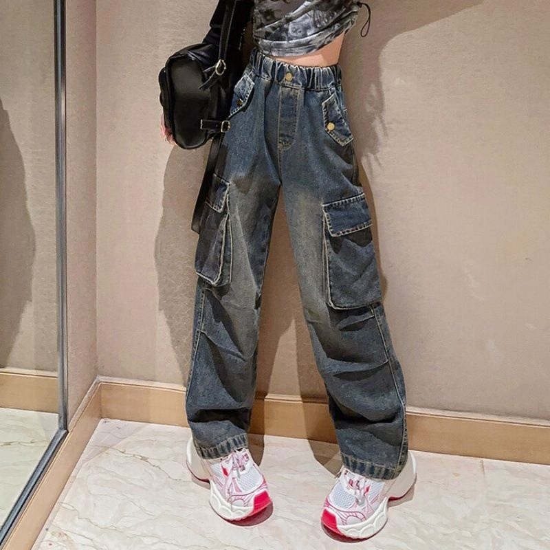 Celana panjang jeans anak cewek kekinian JLO CARGO PANTS import keren style size anak tanggung