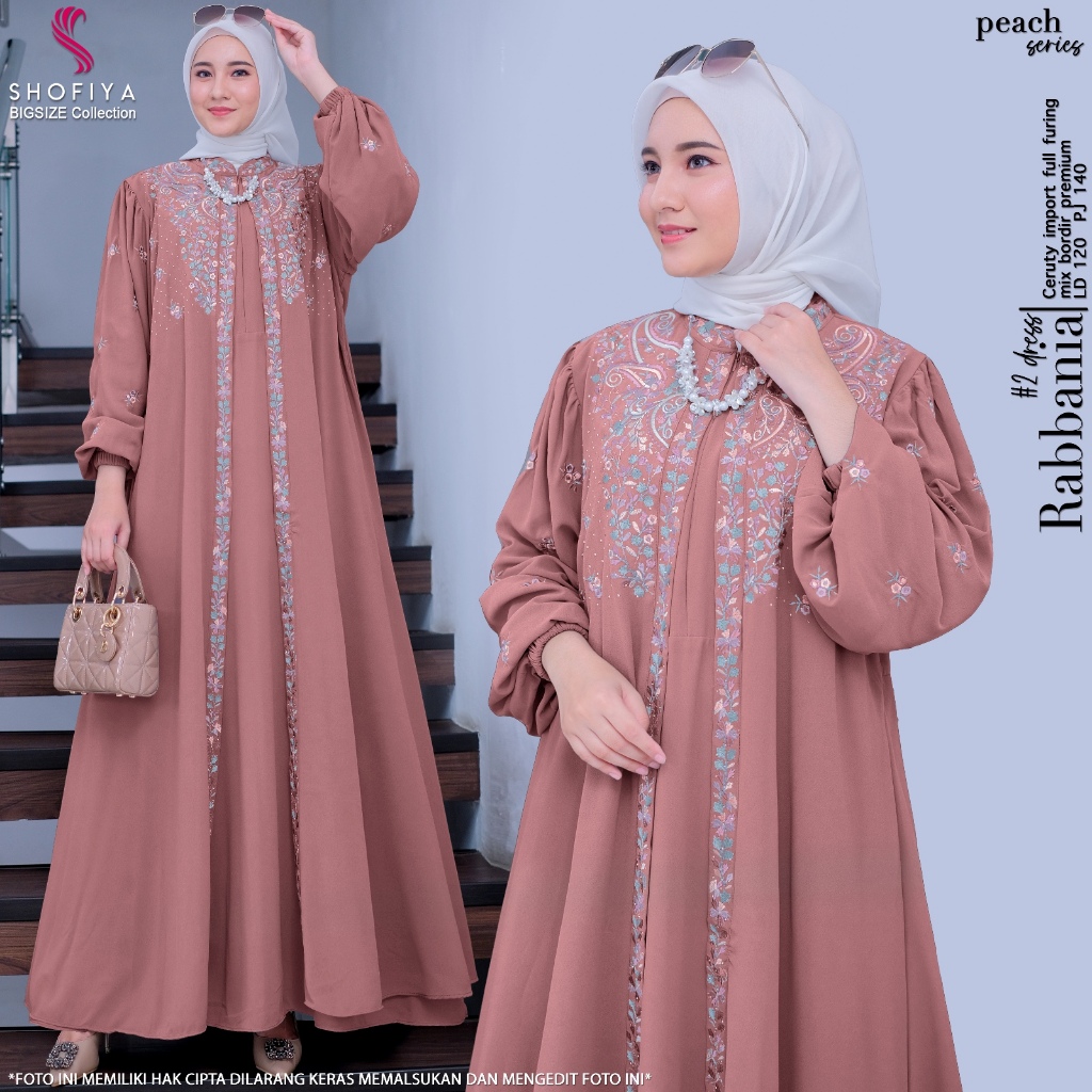 Rbn baju dress gamis syari muslim jumbo ld 120 ceruty bordir motif premium mewah elegan terbaru 2024
