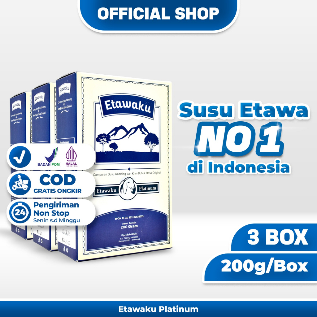 

Etawaku Platinum Paket 3 Box - Susu Kambing Etawa Murni + Krimer Bubuk yang Berkhasiat Tinggi Memiliki Kandungan Protein dan Vitamin