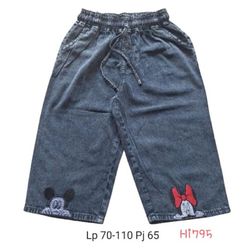 HI795 Celana Jeans Wanita 3/4 jumbo lp max 110cm pinggang full karet bordir mickey minnie mouse