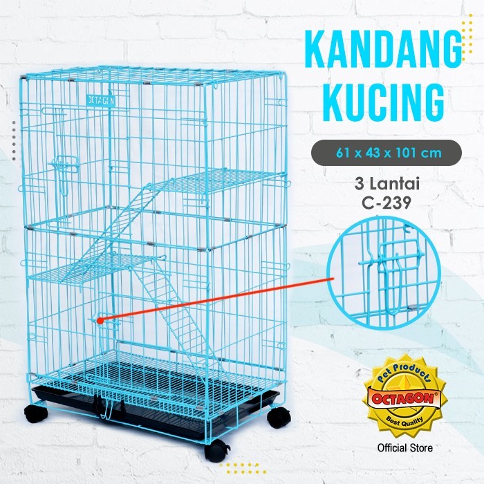 Kandang Kucing Lipat Octagon|Kandang Kucing Tingkat Ukuran 63x43x101 Cm Seri C-239 Warna Biru