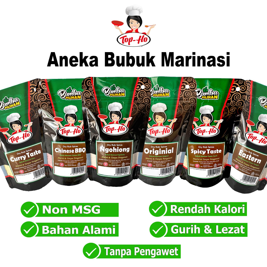 

Aneka Bubuk Marinasi Top-Ho (Original, Spicy, Curry, Ngohiong, Chinesse BBQ, Eastern)