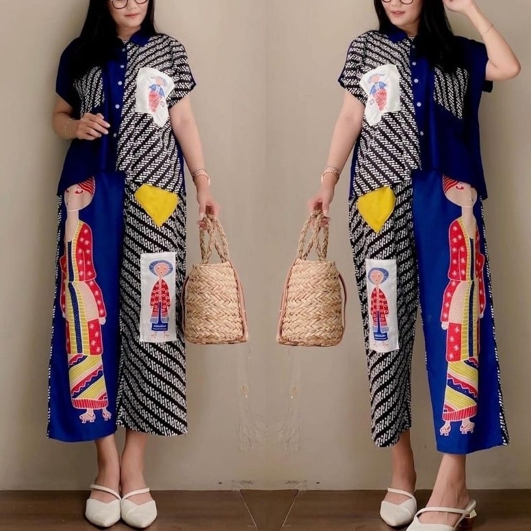 KODE M39X Semerbak Setelan Celana Blus Rayon Halus Kancing Krah Saku Mbok Tejo Jumbo kombinasi batik