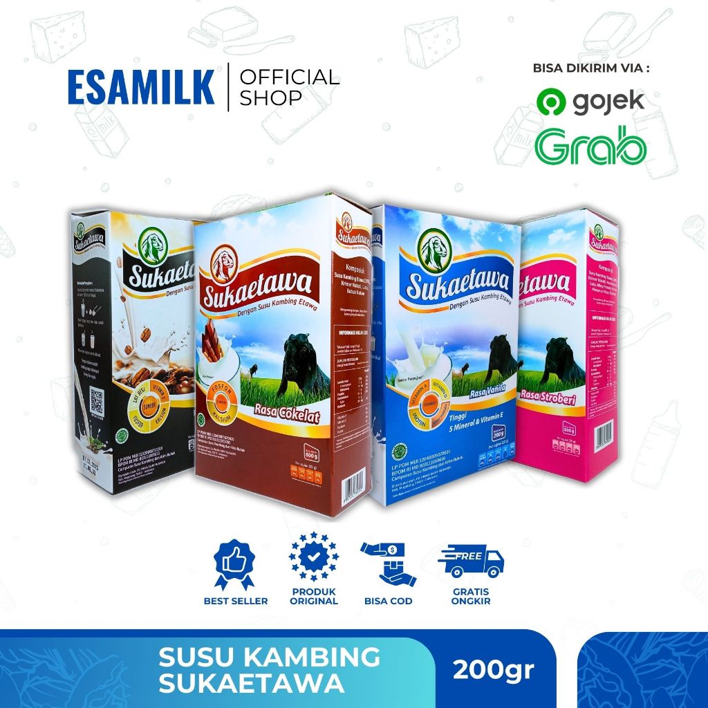 Sukaetawa 200gr All Variant | Susu kambing ettawa rasa Vanilla, Coklat, Strawberry, Kopi, Jahe