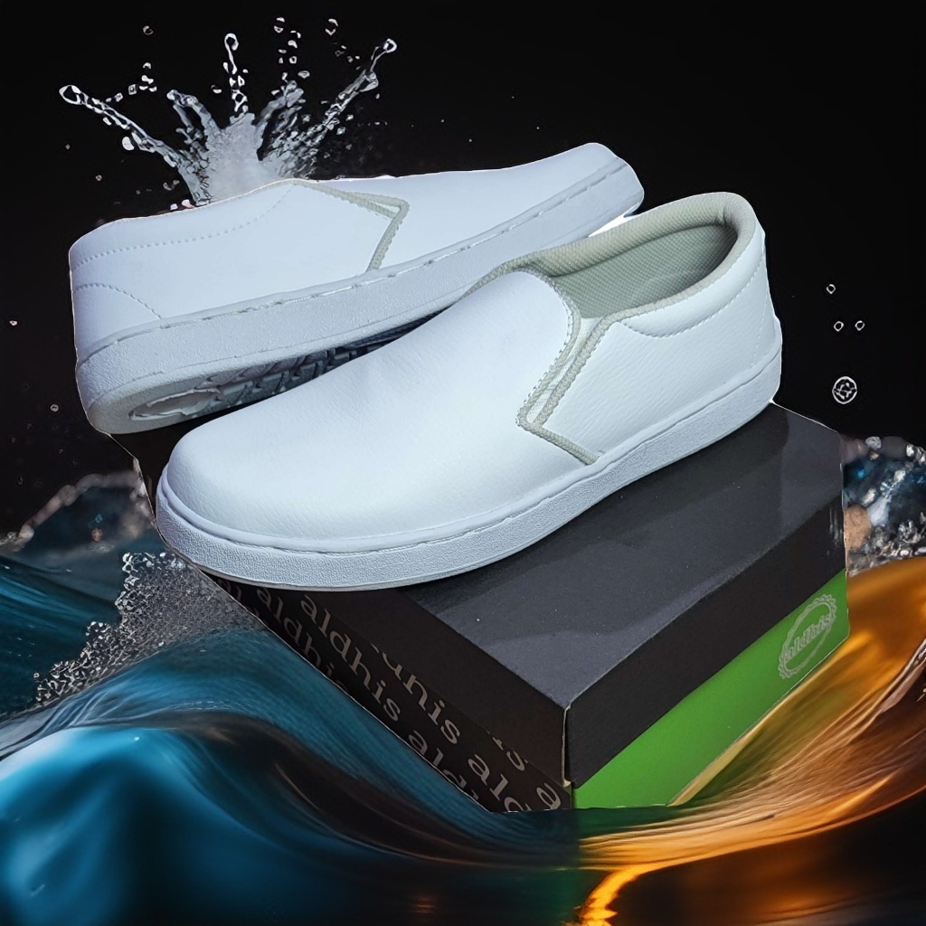 Aldhis Sepatu Slip On Putih Polos Seragam Kerja Pria Wanita Slop Casual Tanpa Tali Ukuran 36-43