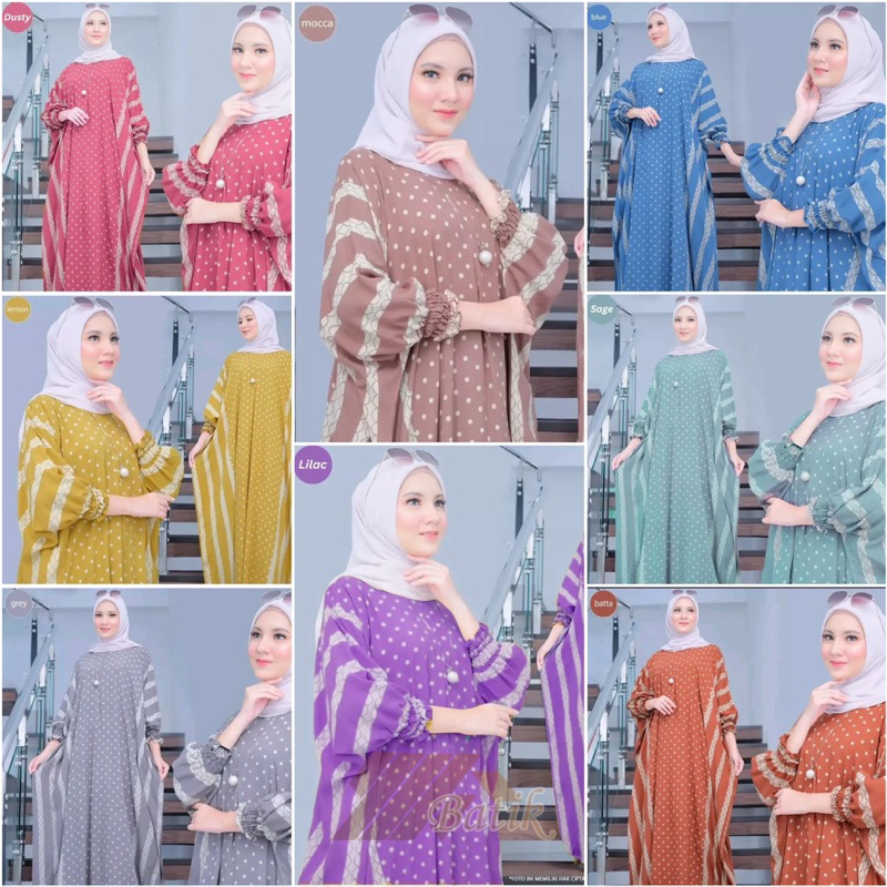 Gamis Rayon Jumbo Kaftan Terbaru Motif Polkadot Anggi Home Kaftan dan Jois Kaftan Busui Resleting / 