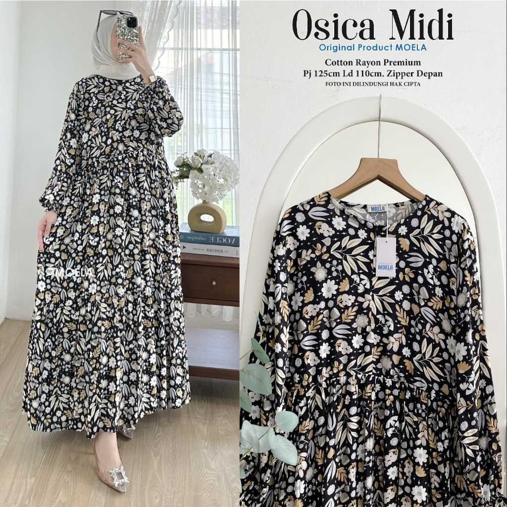 Gamis muslimah midi dress motif bunga busui zipper depan Original Moela - Osica