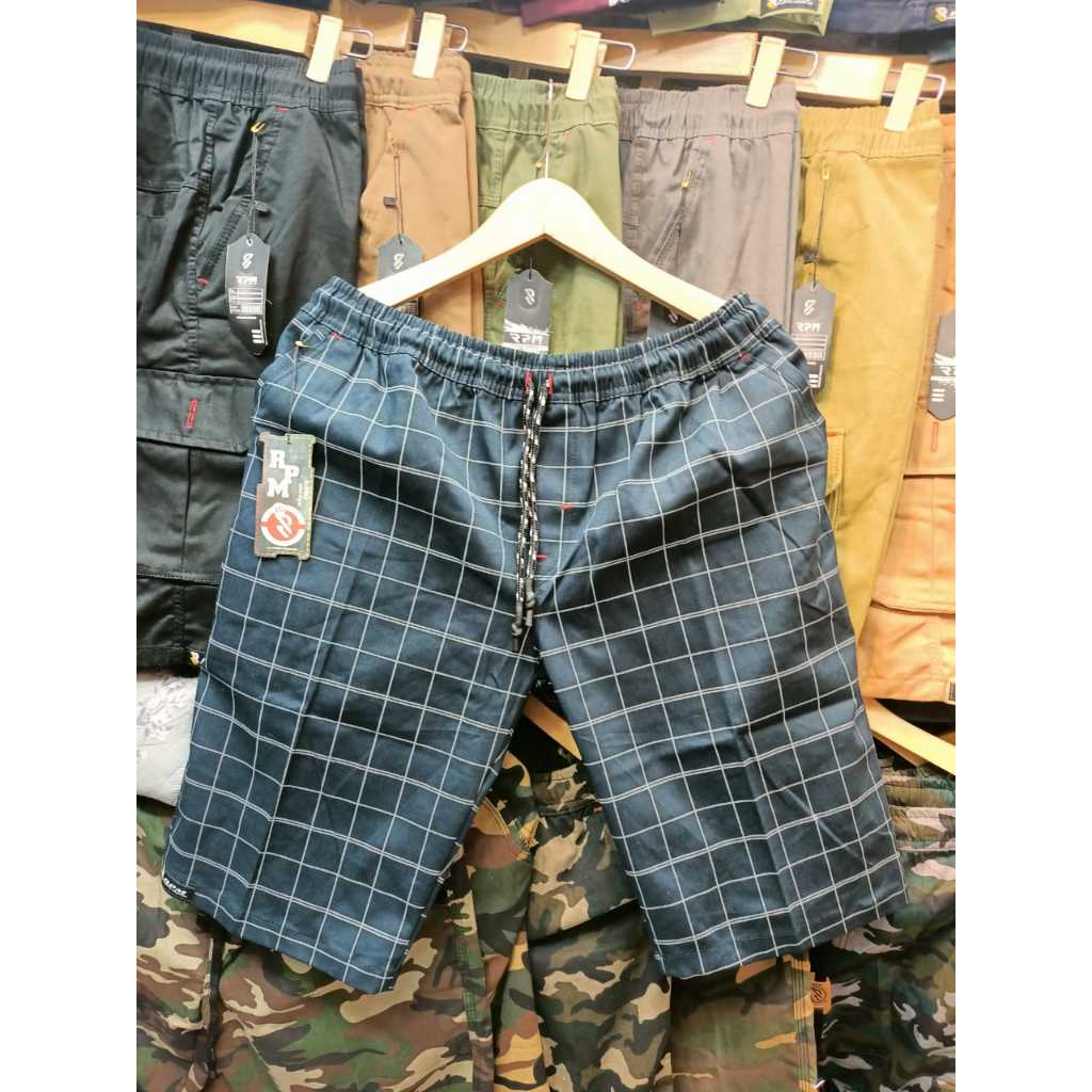 Celana Pendek Pria Kotak-Kotak Pinggang Karet / Celana santai / Celana Tartan Pendek Rip