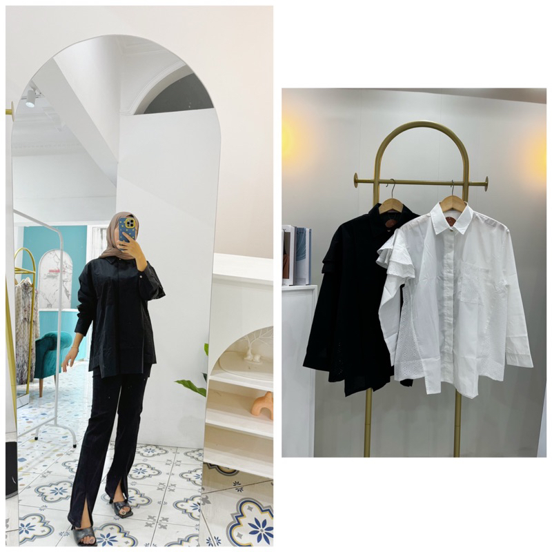 ATASAN WANITA HITAM PUTIH RENDA// KEMEJA IMPORT BKK KANCING DEPAN PREMIUM IMPORT
