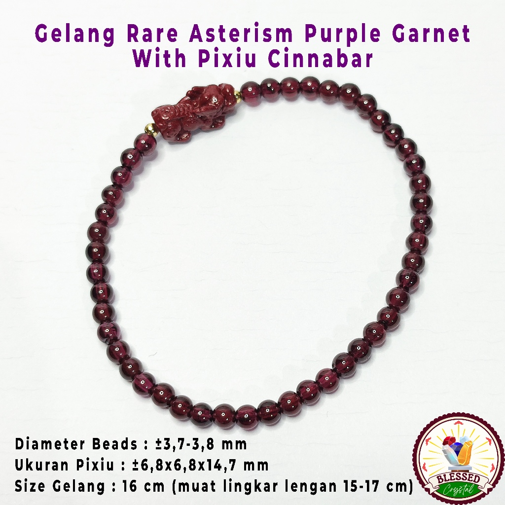 Gelang RARE Asterism Star Rhodolite Purple Garnet + Pixiu Cinnabar Bracelet Natural Crystals