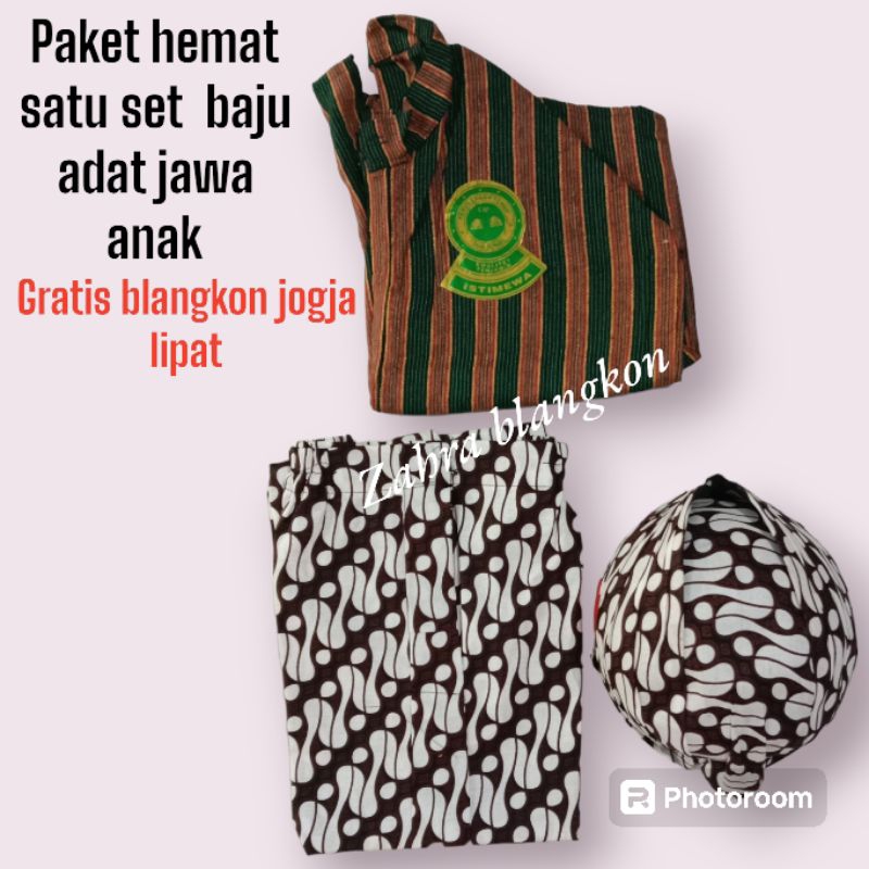 setelan baju adat jawa anak(baju+rok/jarik jadi+blangkon jogja batik putih)#paket hemat stelan baju 