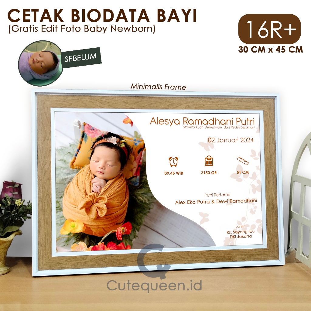 Cetak Biodata Bayi Minimalis Gratis Edit Foto Baby Newborn Ukuran 16R+ 30x45 Bingkai Kayu Fiber Paka