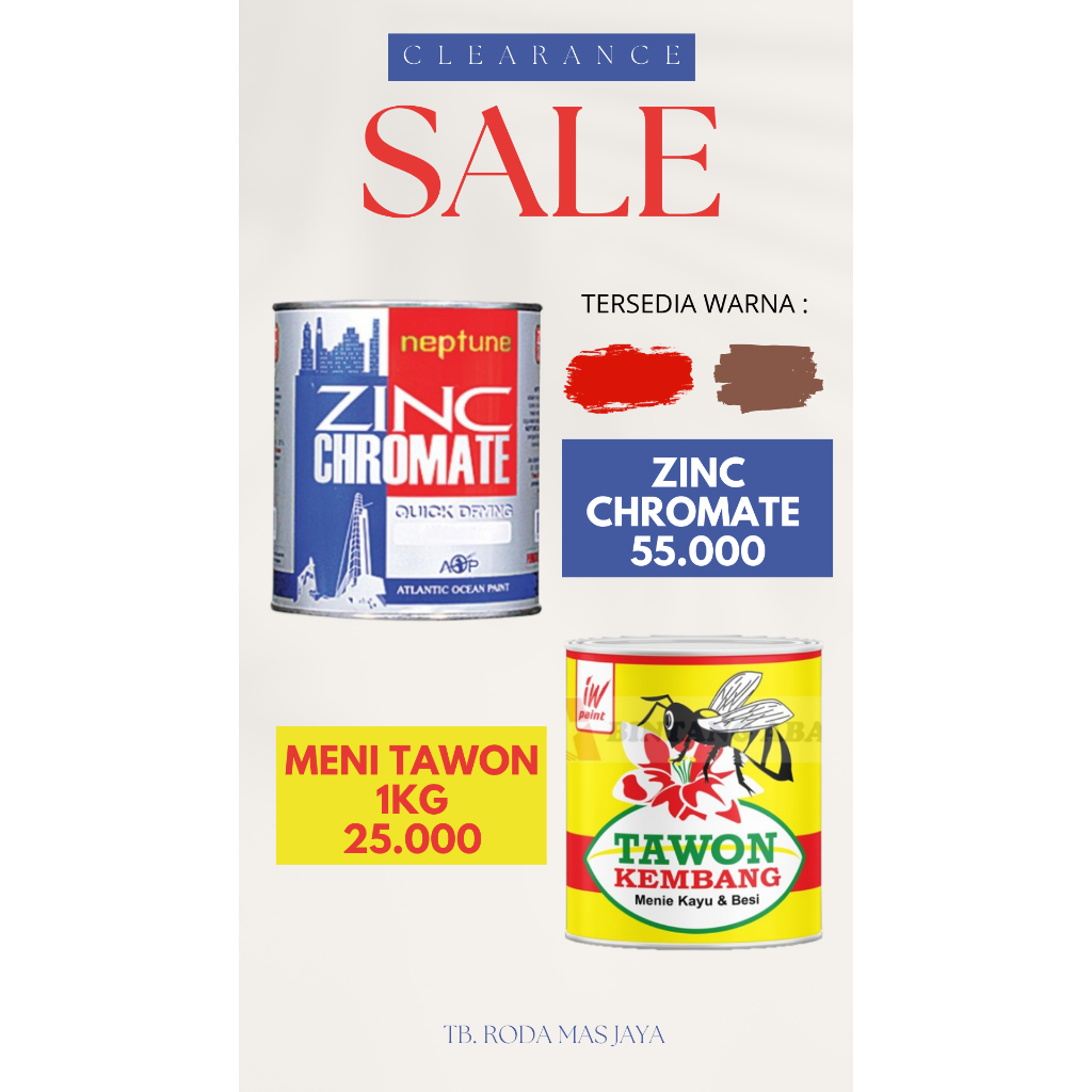 

SALE/CUCI GUDANG/ZINC CHROMATE NEPTUNE MERAH DAN COKLAT/MENI TAWON 1KG