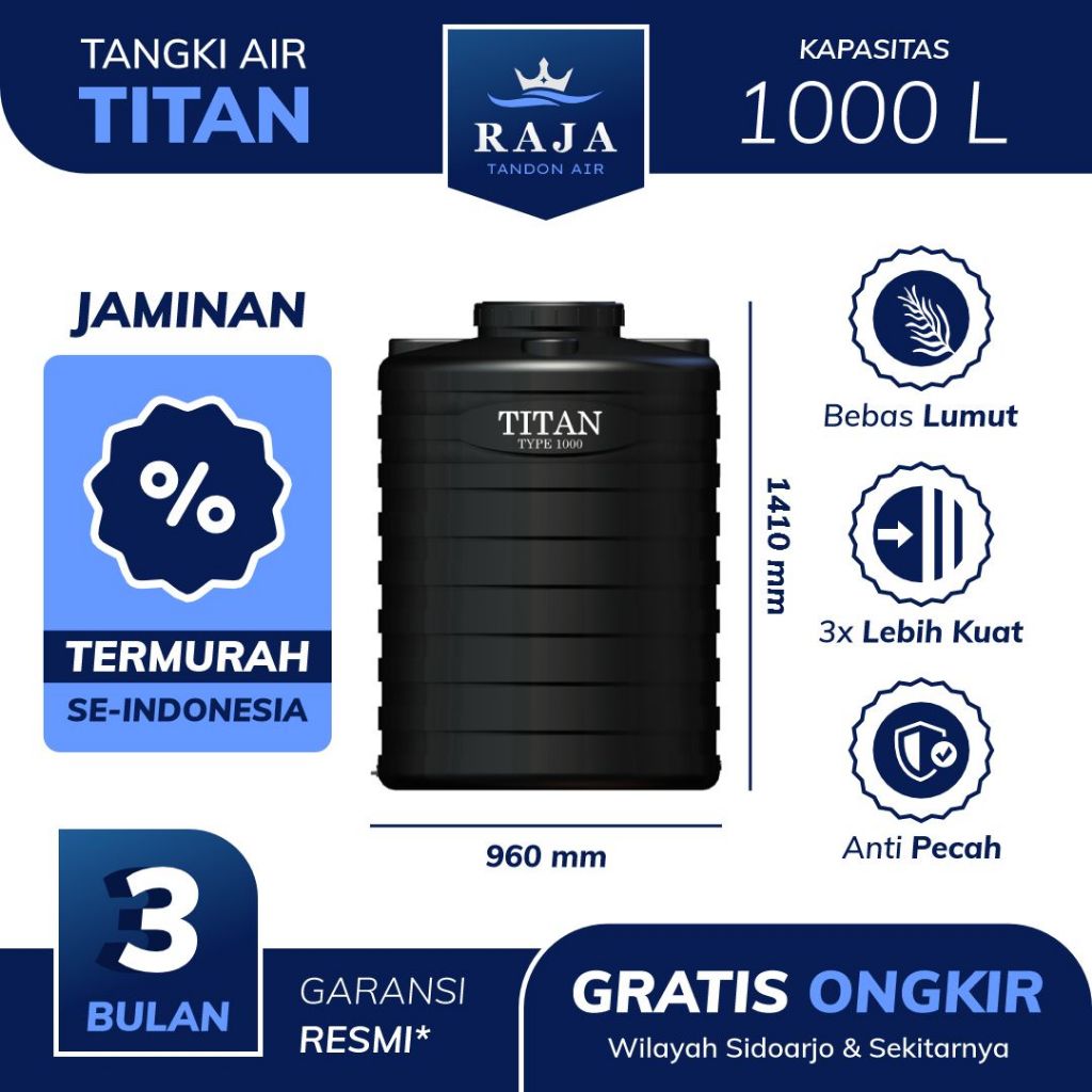 Tangki Tandon Toren Air Titan 1000 L Higienis & Free Ongkir