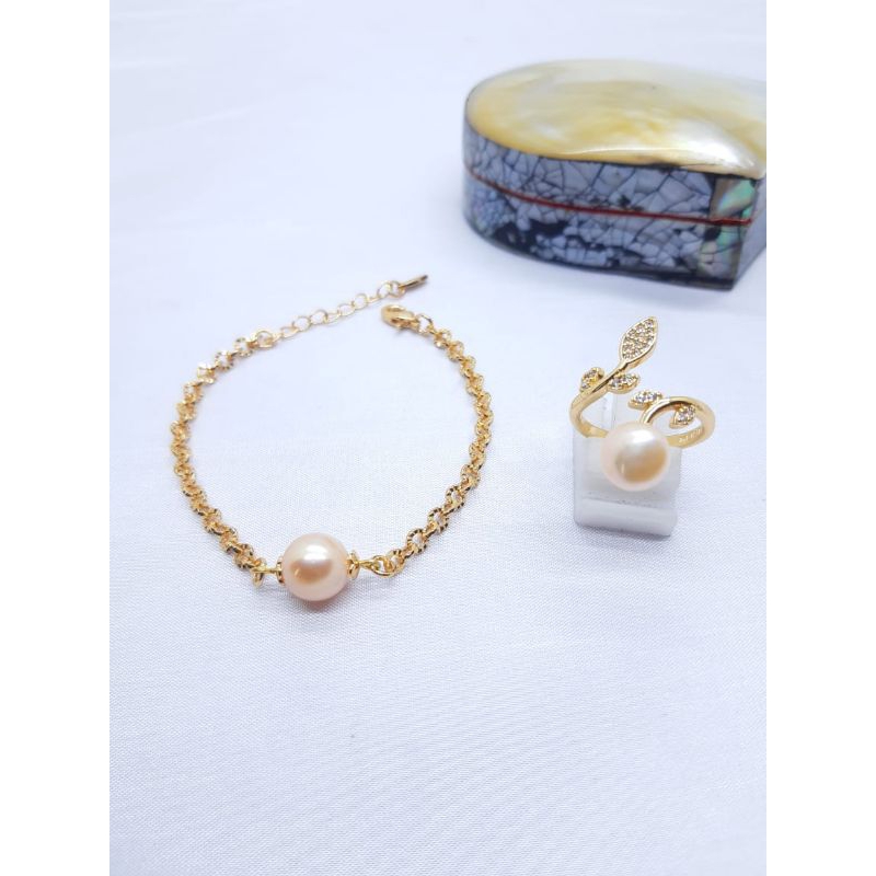 BERSERTIFIKAT SET GELANG CINCIN PERHIASAN MUTIARA ASLI AIR TAWAR LOMBOK CINCIN FREE SIZE DAUN GELANG