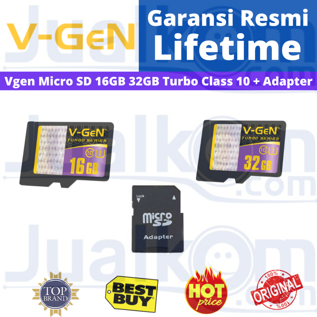 V-gen Micro SD Vgen 16GB Class 10 TURBO SERIES Memory Card HP 16 GB 32GB + ADAPTOR