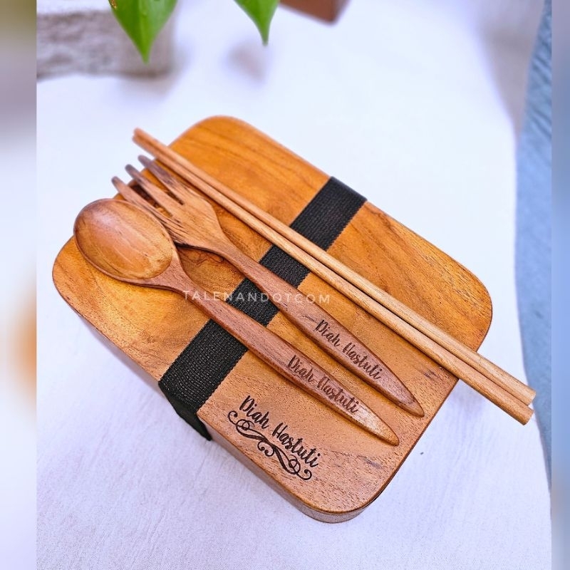 [FREE GRAFIR NAMA] Bento Lunch box | Kotak makan kayu jati | Kotak bekal