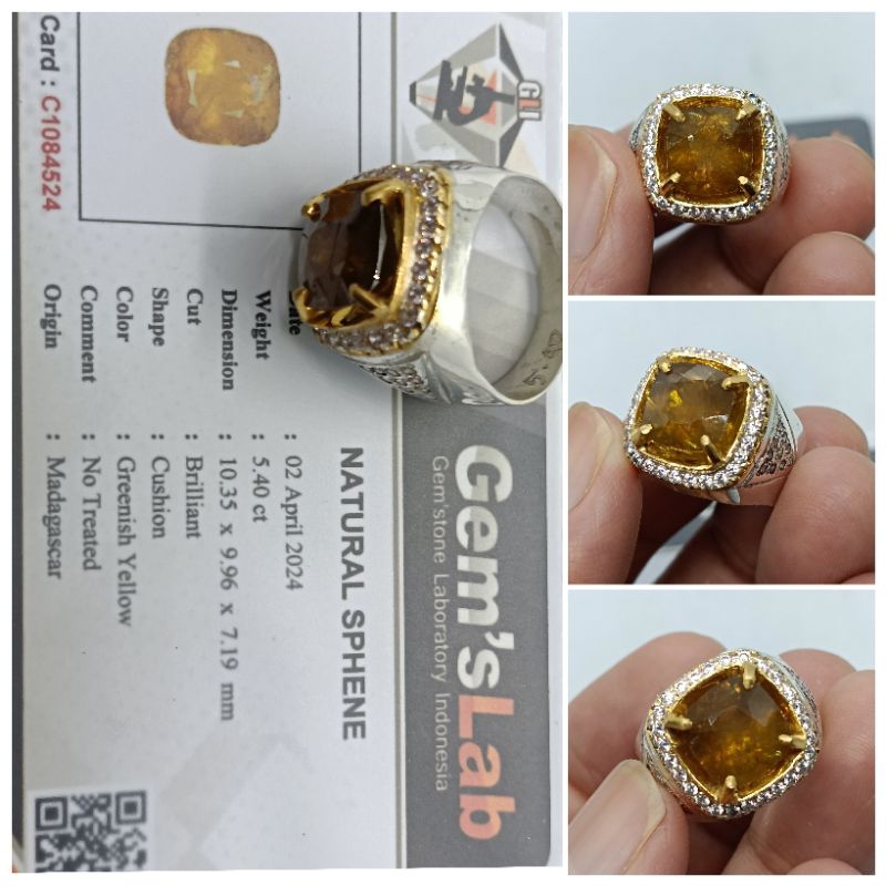 Natural Brown Sphene Madagaskar 5,4 ct Top Kristal memo GLI Ring Perak