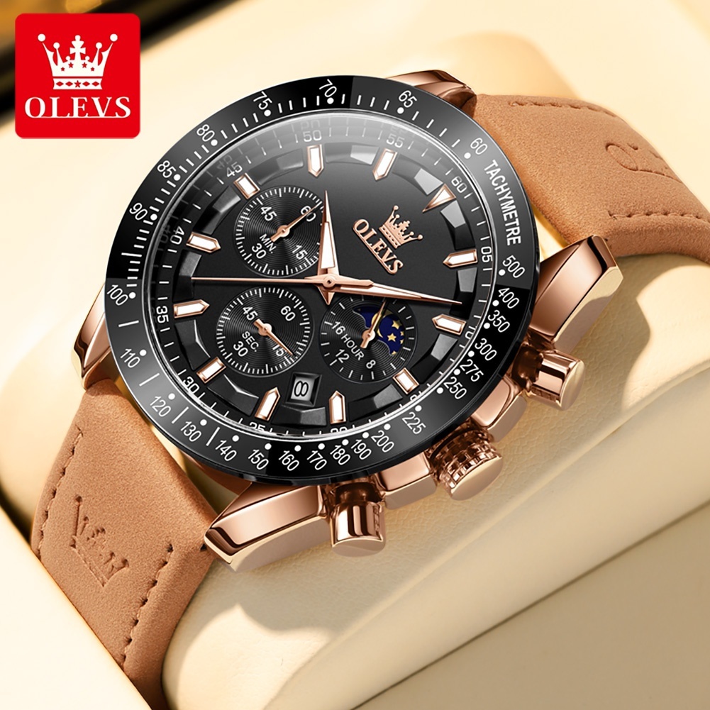 OLEVS Jam Tangan Pria Kulit Anti Air Chronograph Men Watch Multifungsi