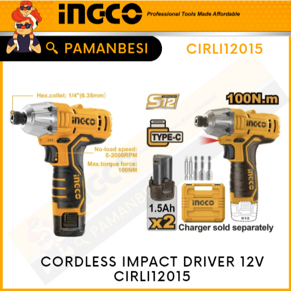 CIRLI12015 BOR BATERAI OBENG CORDLESS IMPACT DRIVER 12V S12 SET INGCO